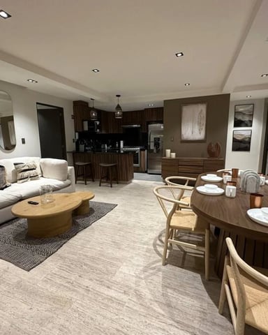 501 Wabi-Sabi Haven open-plan living and dining room with warm natural tones