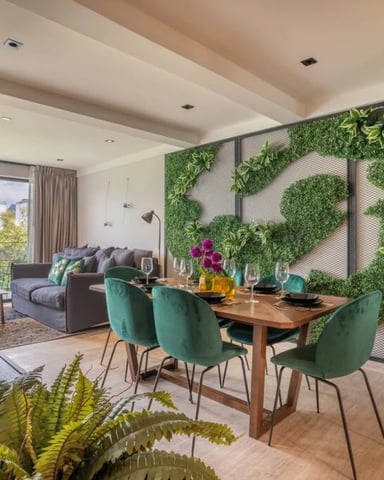 503 Industrial II Chic dining room with dramatic floor-to-ceiling green plant wall